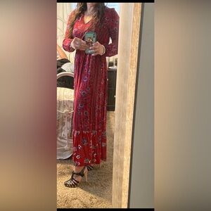 Cottagecore Elegant Red Floral Maxi Dress